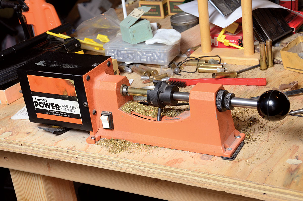Mike also trims his BPCR cases for each reloading. An electric trimmer such as this one by Lyman speeds up the process.